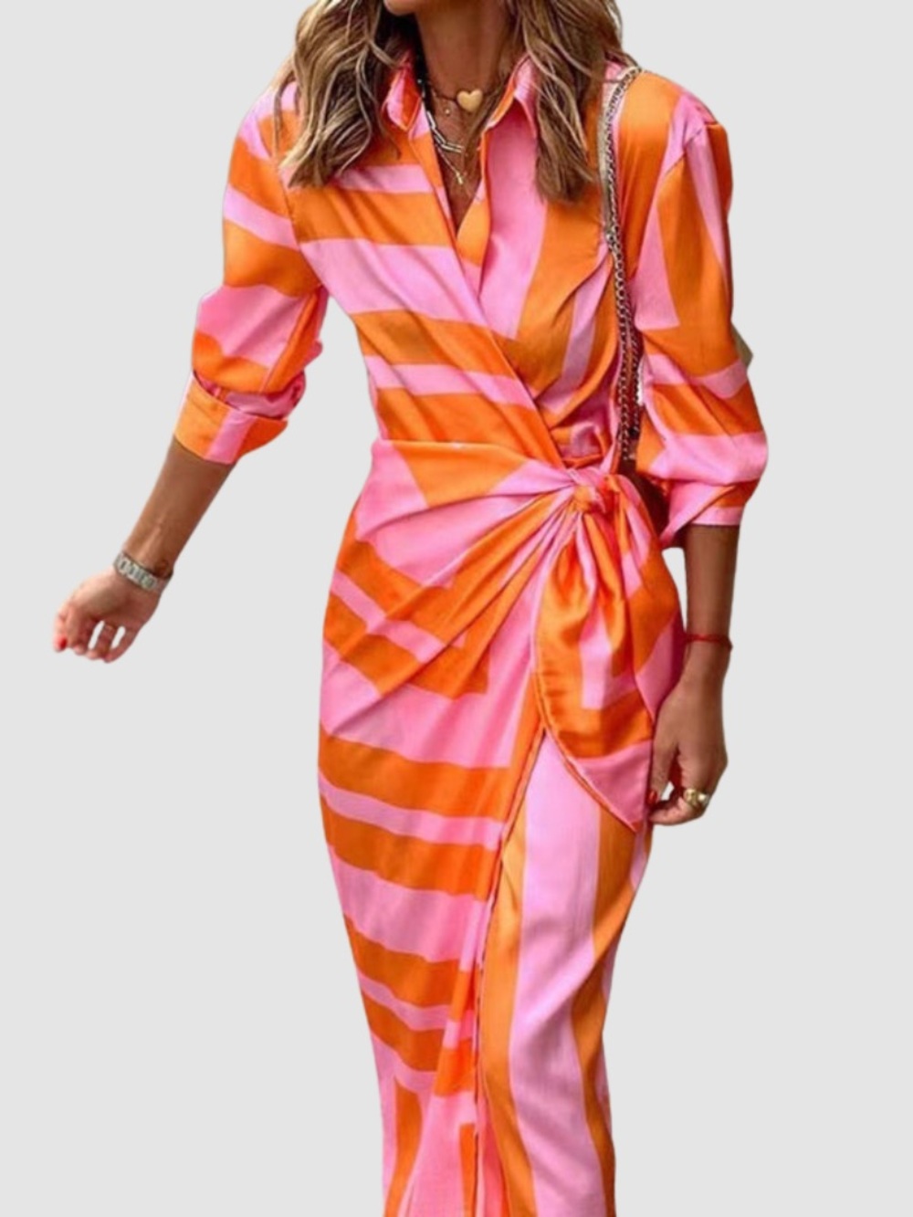Striped Wrap Maxi Dress in Pink & Orange-Fabric to keep cool in the hot summer.